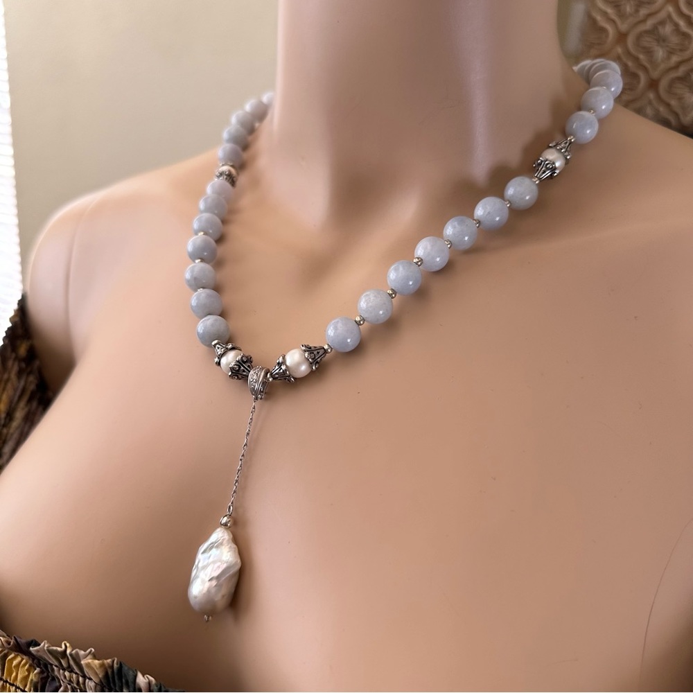 N003 New Handmade Aquamarine & Freshwater Perls Two in One Necklace 925 Silver